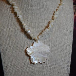 Shell Chip Bead Necklace with Carved Flower